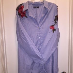 Striped Embroidered Button-Up Shirt Dress